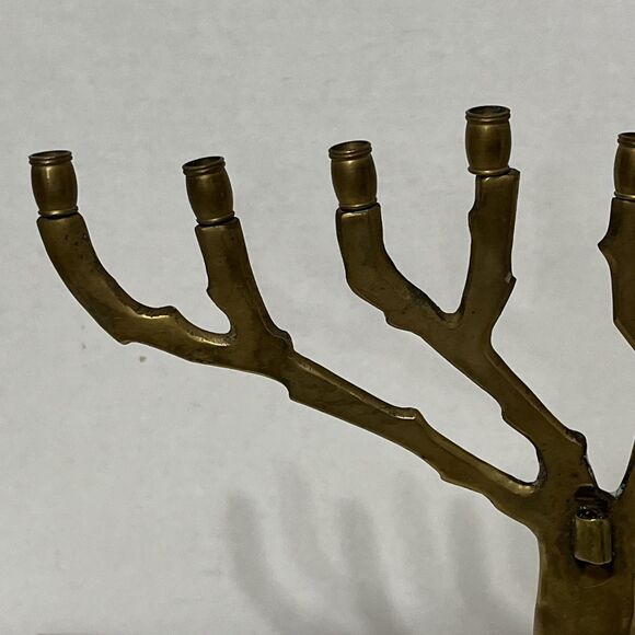 Vintage Solid Brass MCM Brutalist Style Tree Of Life Menora Judaica 10” Patina - Picture 8 of 12